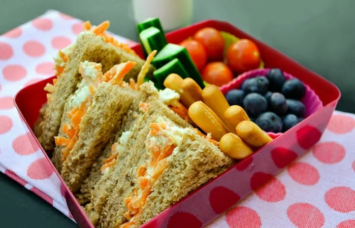vegan kids lunchbox including hummus and carrot sandwiches, blueberries, breadsticks and cucumber and cherry tomatoes