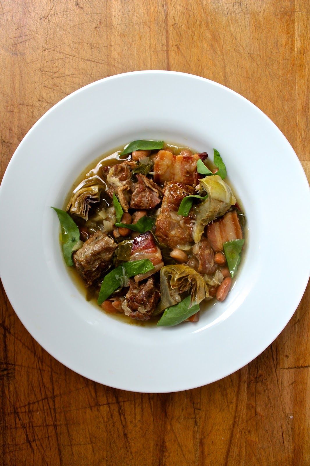 Sam Cooks Food Summer lamb stew with pancetta, artichokes and borlotti beans