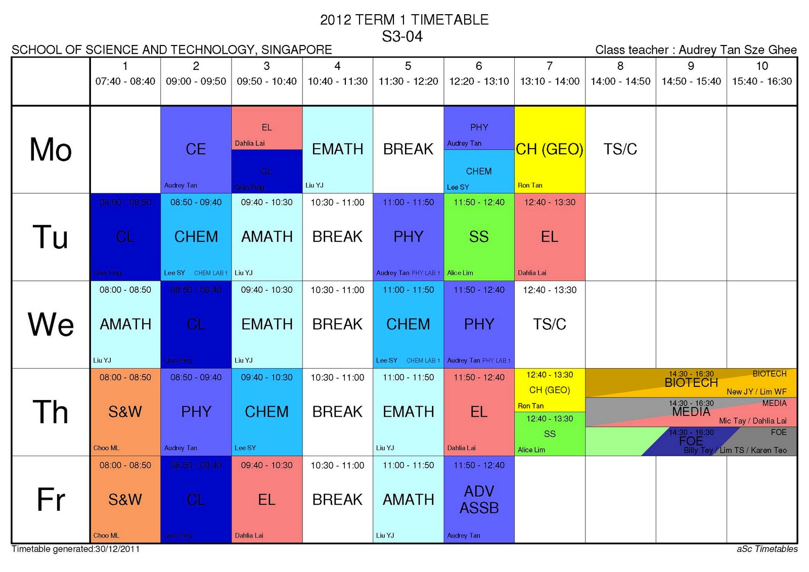 2012 s3 04 class blog time table for s3 04