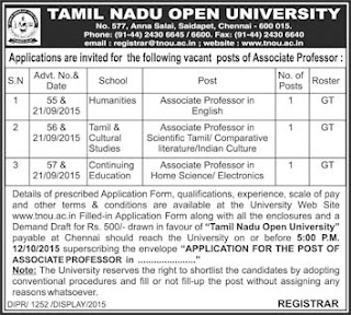 Applications are invited for Direct Recruitment of Associate Professors for Tamil, English and Home Science subjects in Tamil Nadu Open University (TNOU) Chennai