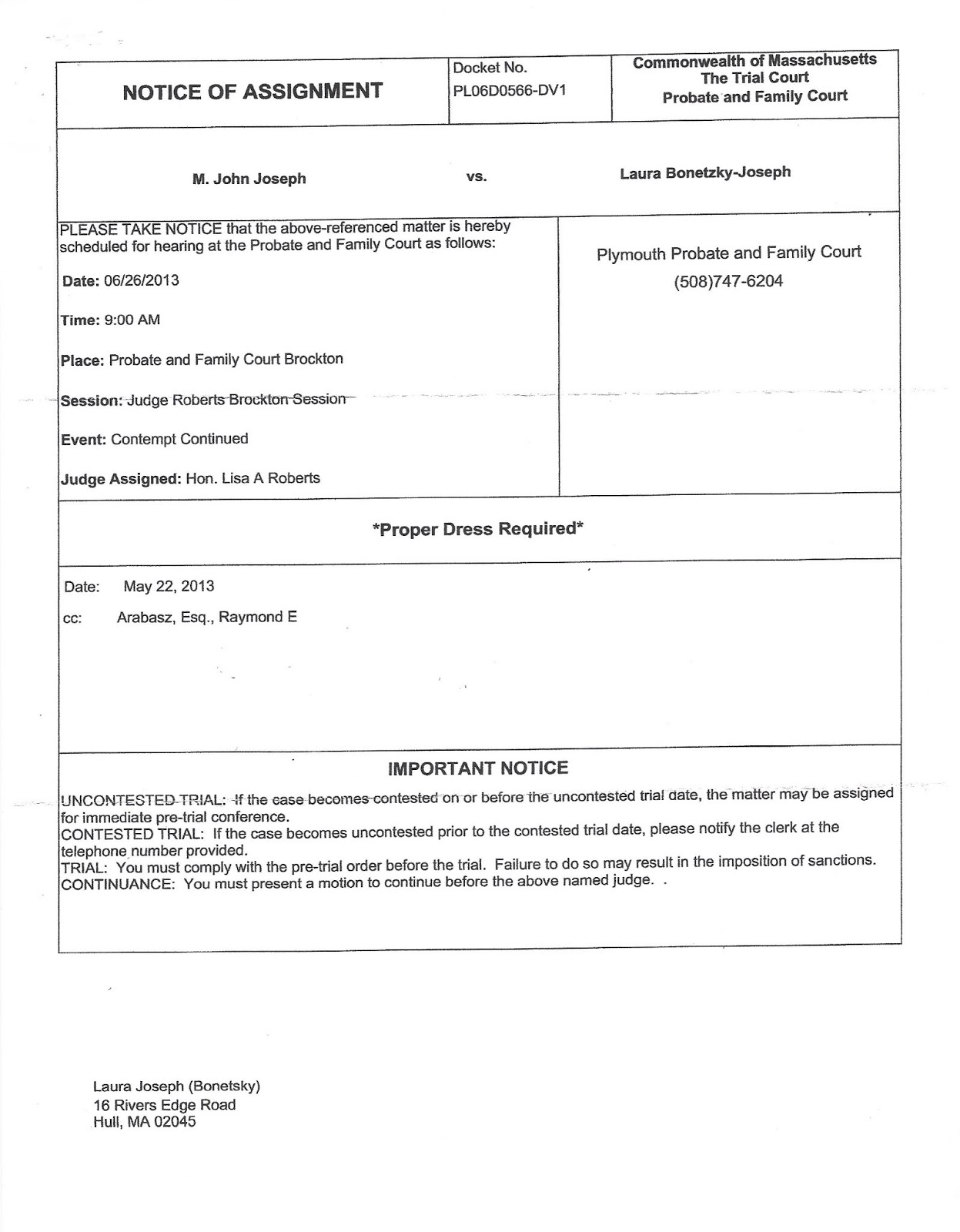 Post 2012 Trial Court Actions, Motions, Contempts Incarceration