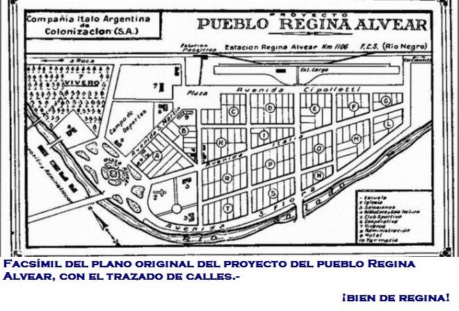 Facsímil del plano original del proyecto del pueblo Regina Alvear, con el trazado de calles.
