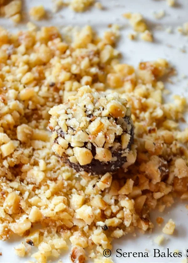 Chocolate Rum Truffles covered in nuts candy recipes from Serena Bakes Simply From Scratch.