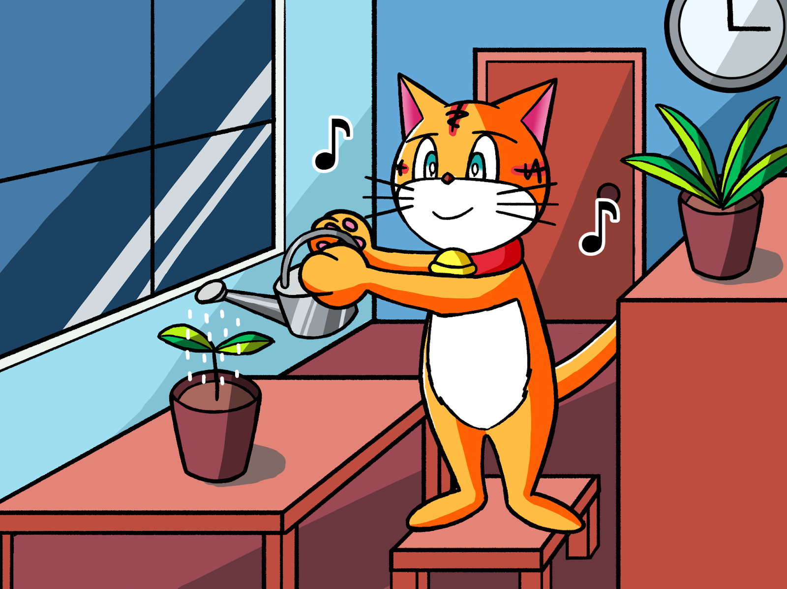 Mr Cat Gives Water To A Plant Pot