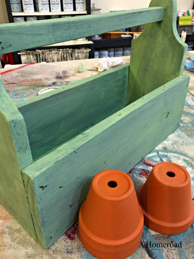 Wooden crate painted with miss mustard seed milk paint for herbs. 