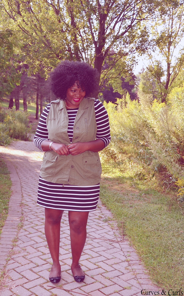 Fall style stripes dress and utility vest -mycurvesandcurls