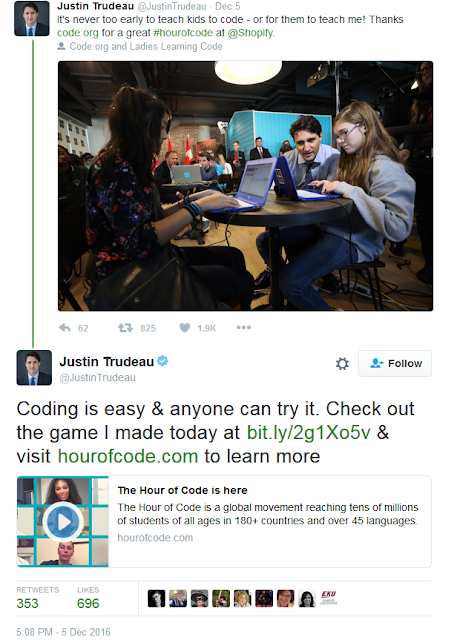 Coding is easy, says Trudeau! Justin Trudeau Hour of Code code.org hockey breakout twitter tweet