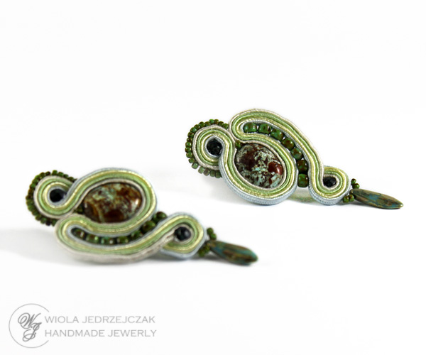 Handmade soutache jewelry, soutache earrings, green moss colours, picasso, tile, jasper