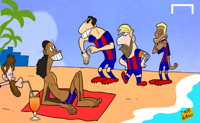 Ronaldinho, Suarez, Messi, Neymar, Pique, Barcelona cartoon