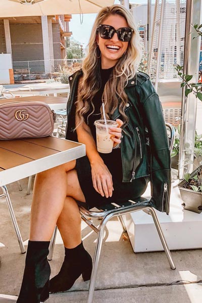 21 Fall Clothing Ideas That are Anything but Boring | Neck Dress in Black + Women's Moto Jacket + Steve Madden Bootie + Gucci Shoulder Bag