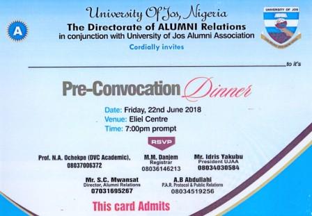 University of Jos Alumni Pre-Convocation Dinner Schedule - 2018 University of Jos Alumni Pre-Convocation Dinner Schedule - 2018