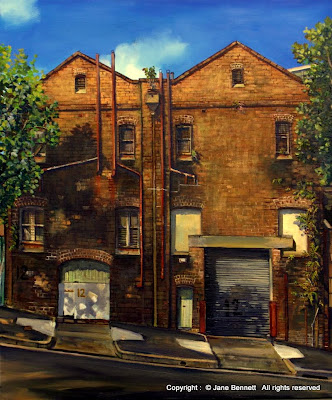 Plein air oil painting of dilapidated bond store in Pyrmont by industrial heritage artist Jane Bennett Plein air oil painting of dilapidated bond store in Pyrmont by industrial heritage artist Jane Bennett