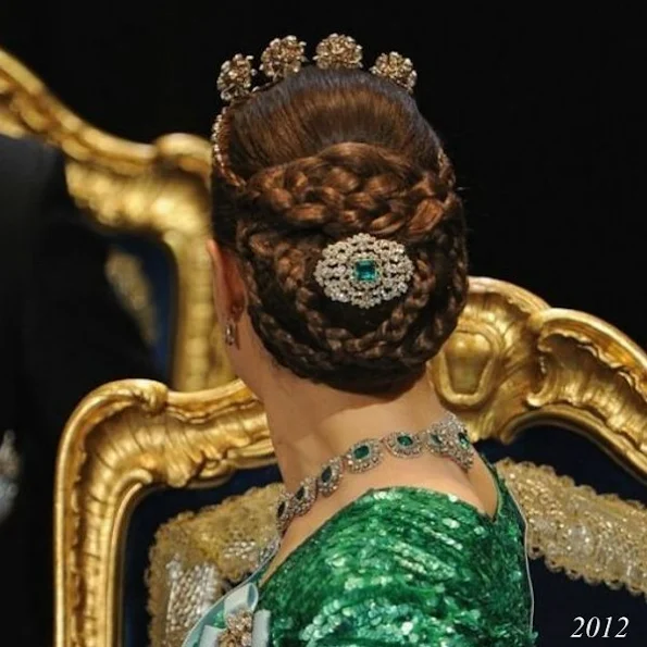 Showy hairstyle of Crown Princess Victoria of Sweden at Nobel Prize ceremonies in the years of 2015 and 2014 and 2012, Dresses, Gown, Jewelry, Tiara, Weddings Dress