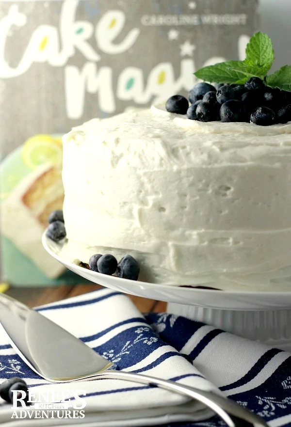 Fresh Blueberry Cake | Renee's Kitchen Adventures - fresh blueberries in a moist homemade cake coated in cream cheese frosting for the dessert any day of the week!  Easy cake from-scratch cake recipe from Cake Magic! the cookbook. #WeekdaySupper #ad #CakeMagic @workmanpub @thewrightcook 