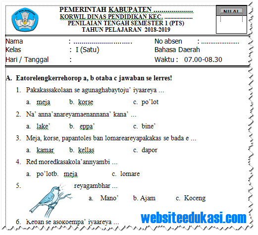 Soal Pts Uts Bahasa Madura Kelas 1 Semester 1 Tahun 2018 2019 Websiteedukasi Com