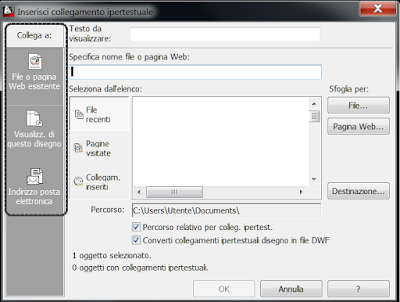 la finestra di hyperlink per collegare file e pagine web