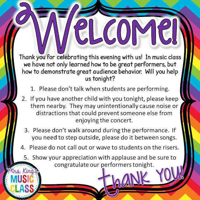Mrs. King's Music Room: Tips for Improving Audience Behavior at Your Next Performance.  How can you keep students and parents engaged and quiet?  Try some of these tips at your next concert or program for the best audience ever.