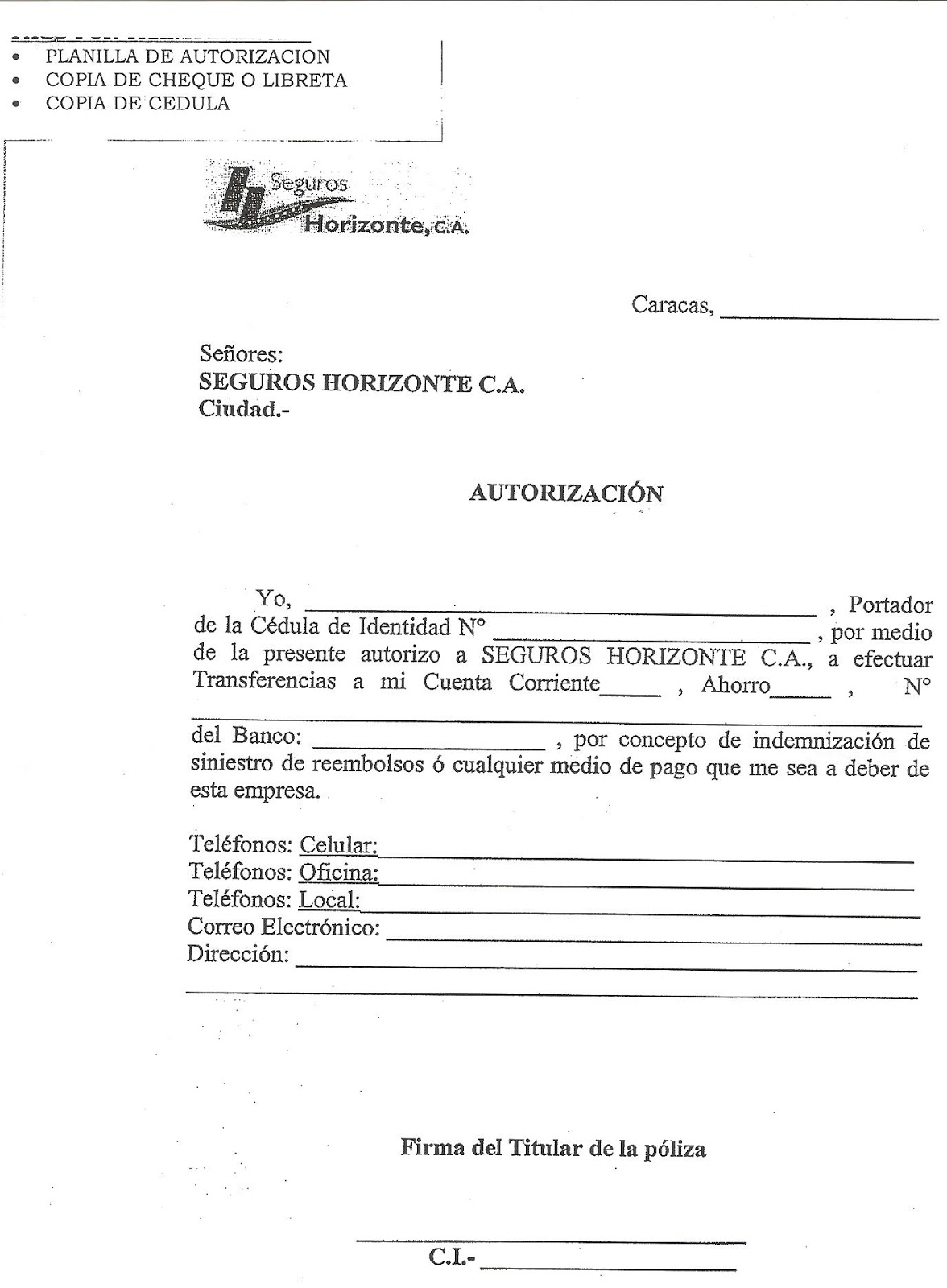 Seaudo AutorizaciÓn De Seguros Horizontes Para Reintegro