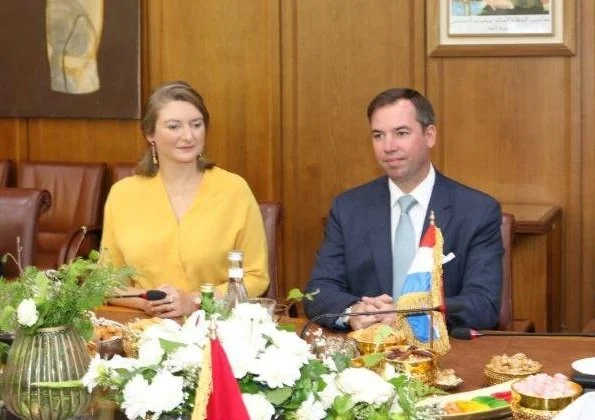 Prince Guillaume and Princess Stephanie arrived in Casablanca-Settat, Morocco. She wore floral print blouse, yellow dress