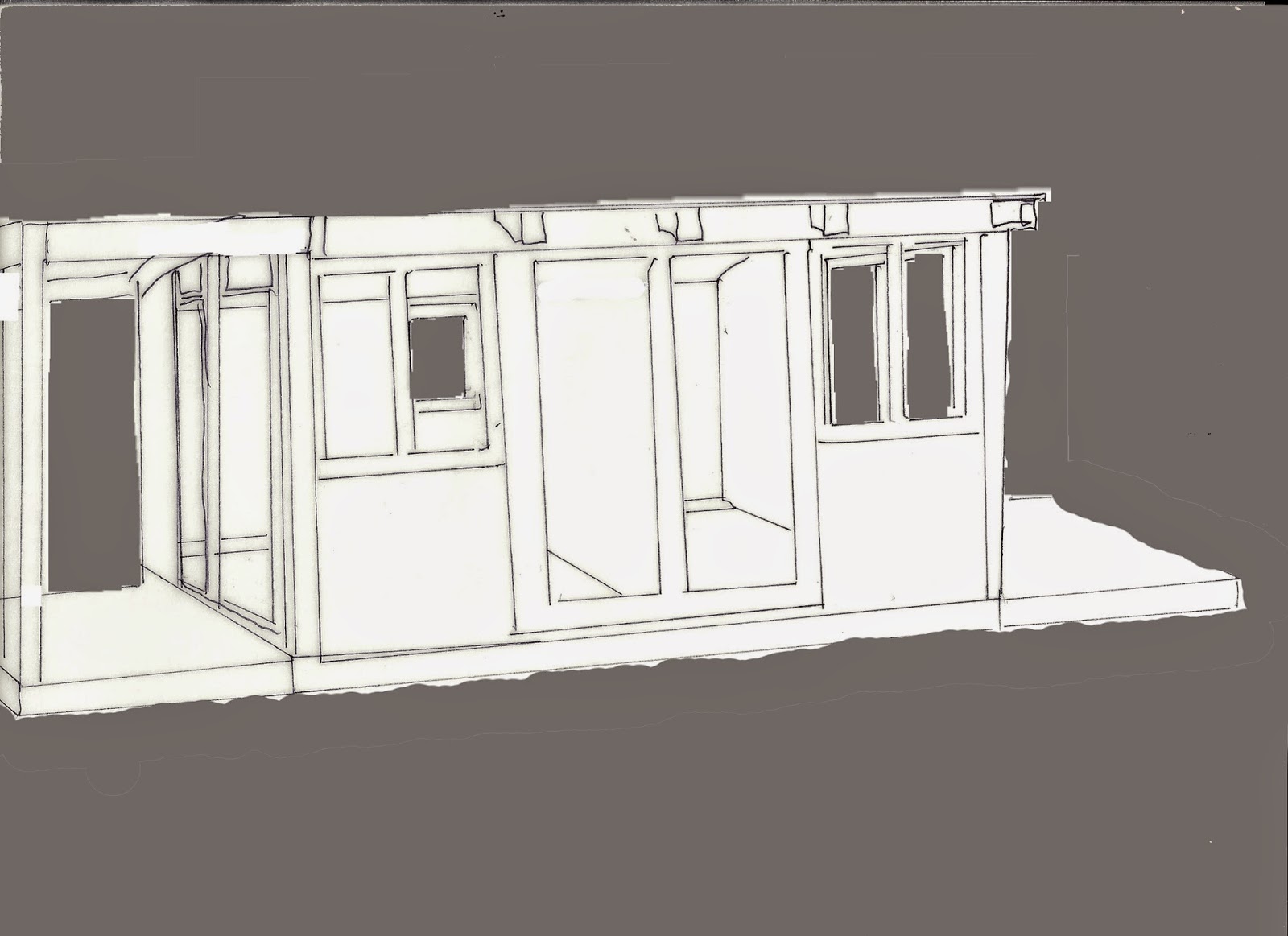 Outline of a shed split down the middle ,with two long windows and two short windows on the front and a deck on each side. The background is coloured grey to show placement of windows and doors at the side and rear.