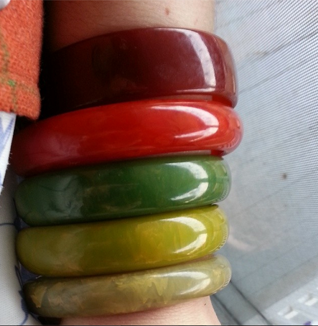 Christmas bakelite bangles in red and green