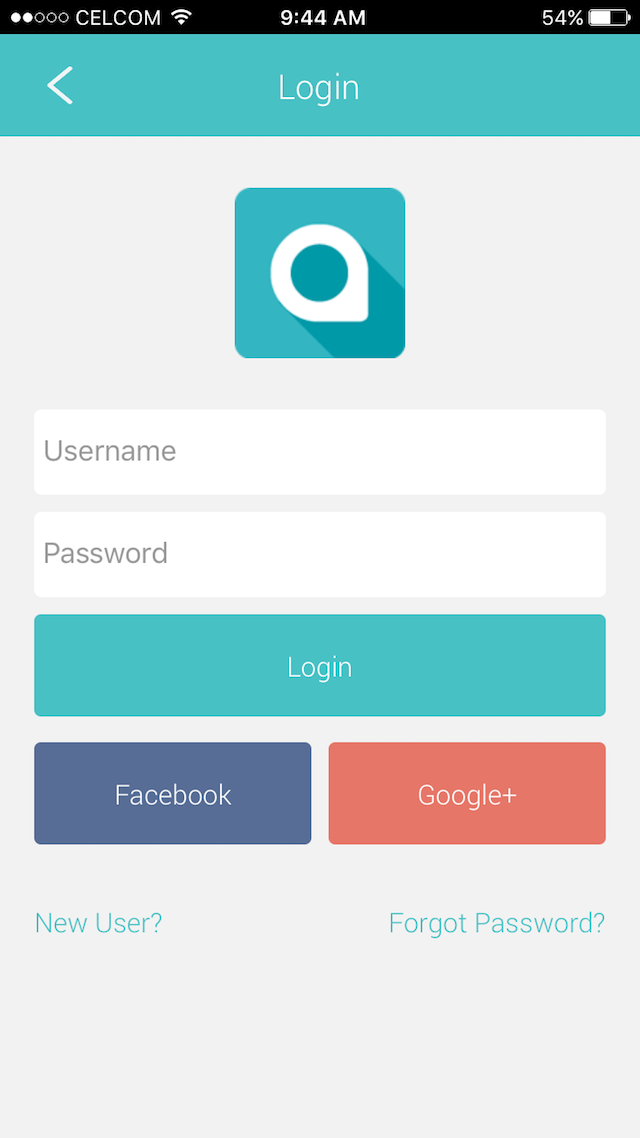 Login screen, register a new account manually, or automatically via Facebook or Google Plus