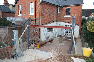 Building site for kitchen extension: steel beams put in place