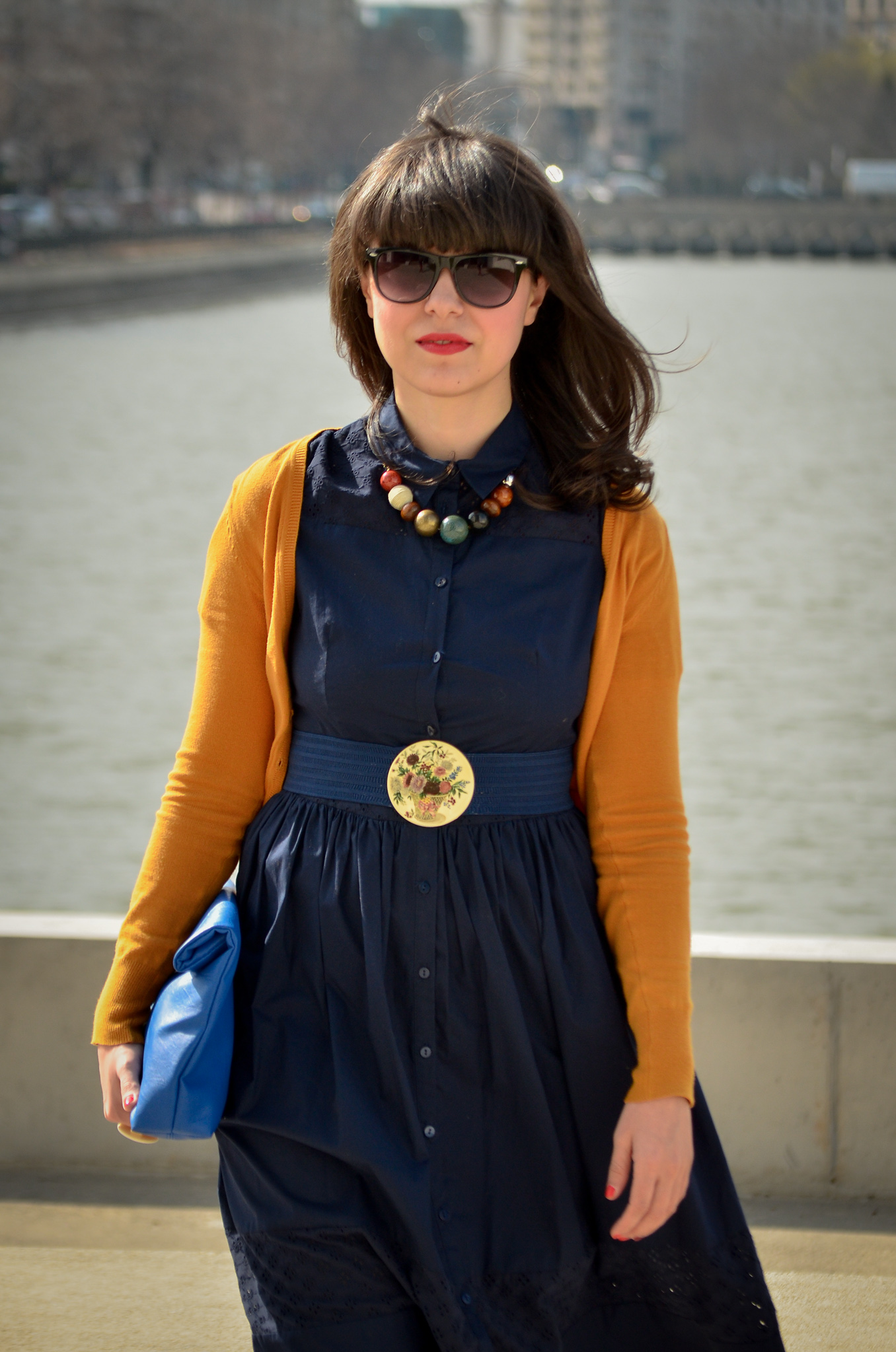 spring outfit navy dress 50s style mustard cardigan c&a thrifted belt cobalt blue clutch new yorker poema mustard heels 