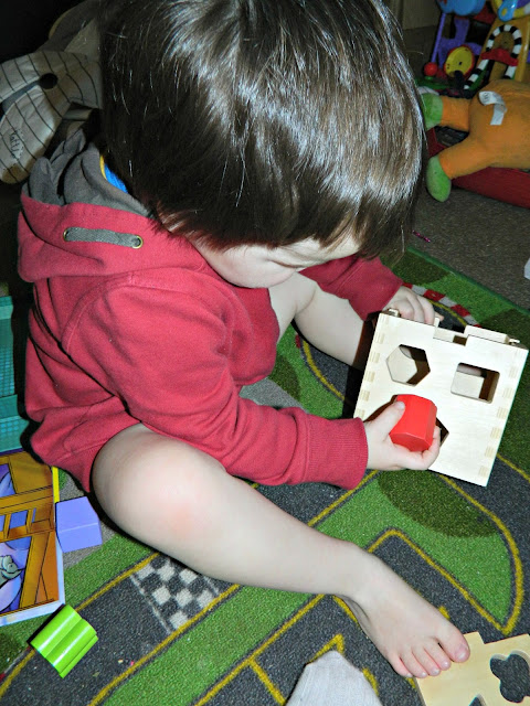 Small Boy Toddler Playing with Wooden Shape Sorter