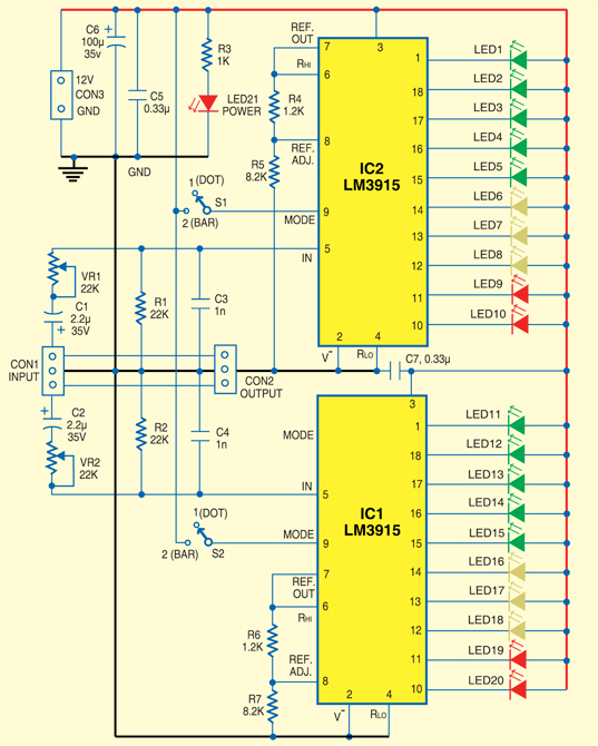 build a Low-Cost Stereo Level Indicator | Electronic Circuits Diagram
