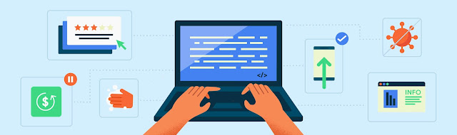 Ilustración de una persona que está escribiendo en una laptop con íconos de tecnología en el lateral