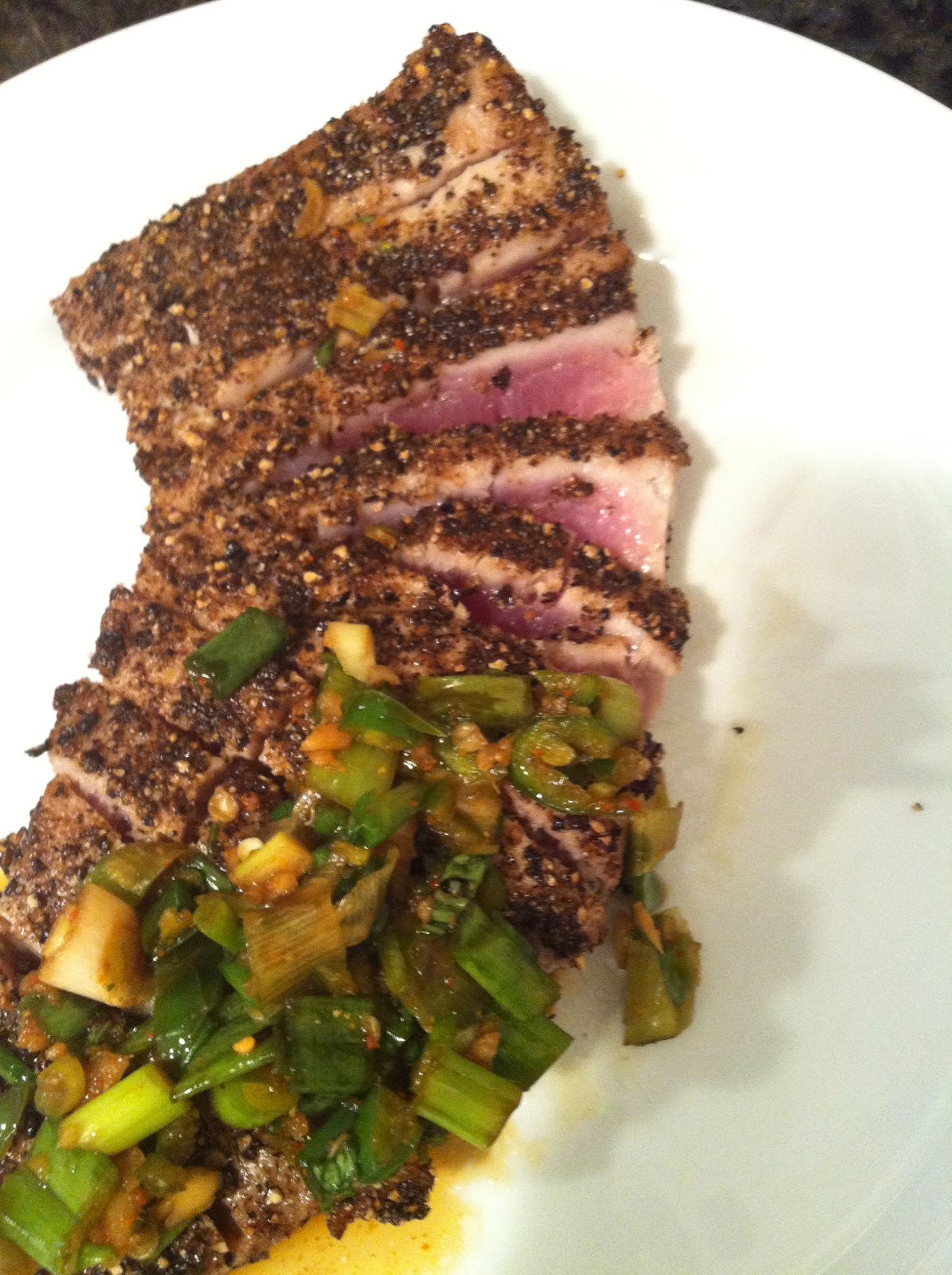 Last Nights Dinner Black Pepper Crusted Tuna with Soy Basil Sauce