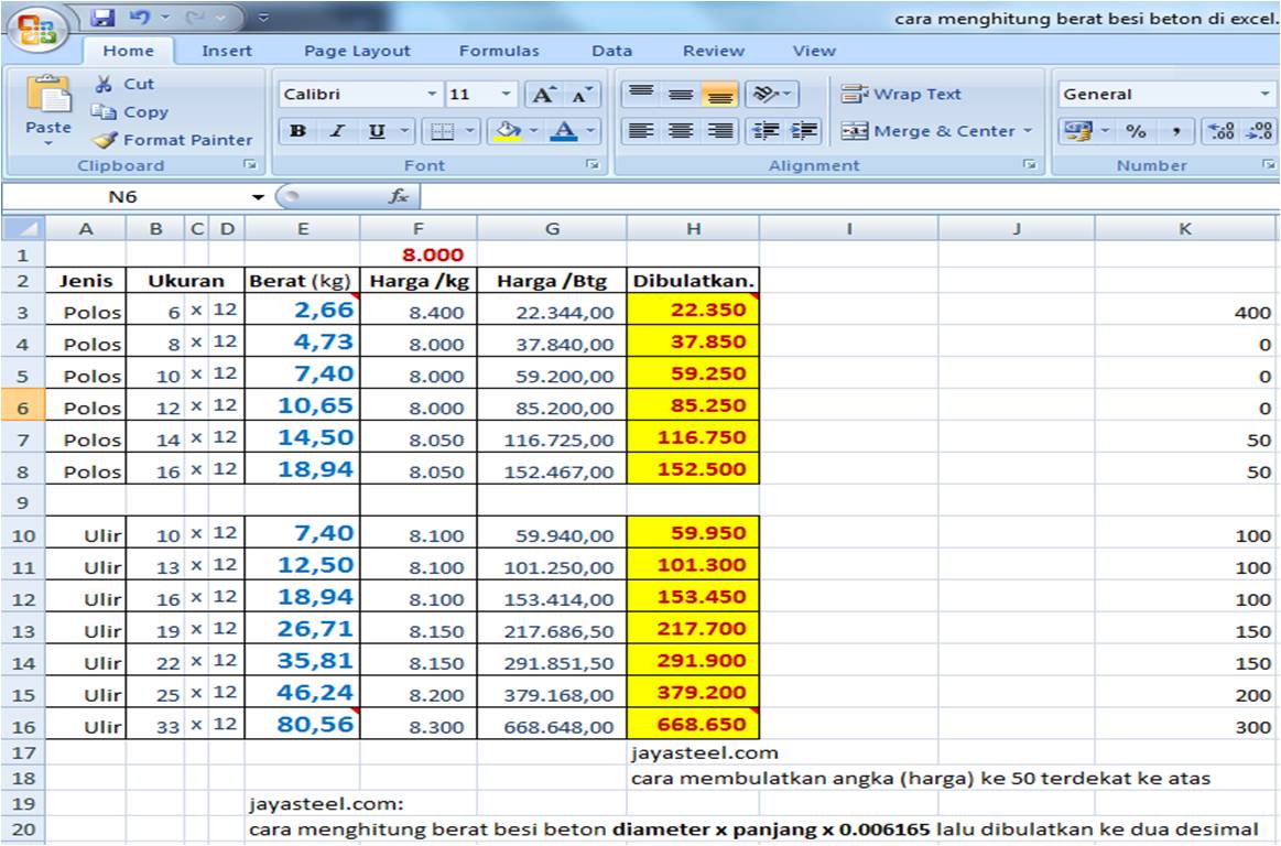 Perhitungan Berat Besi Beton Excel dan Cara Bulatkan Harga 50 ke Atas