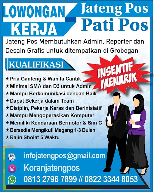 Web penyedia informasi lowongan kerja terupdate dengan tingkat keakuratan 99% hanya di KUDUSKERJA.ID kami tidak mempunyai akun sosial media selain web ini. Lowongan Kerja Grobogan Lowongan Kerja Grobogan Loker Grobogan Jateng Pos sedang membutuhkan seorang Admin Reporter Dan Desan Grafis informasi lowongan kerja selengkapnya dapat lihat pada gambar dibawah ini Web penyedia informasi lowongan kerja terupdate dengan tingkat keakuratan 99% hanya di KUDUSKERJA.ID kami tidak mempunyai akun sosial media selain web ini. Lowongan Kerja Grobogan Lowongan Kerja Grobogan Loker Grobogan Jateng Pos sedang membutuhkan seorang Admin Reporter Dan Desan Grafis informasi lowongan kerja selengkapnya dapat lihat pada gambar dibawah ini