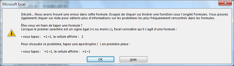 Excel - Message erreur formule incompréhensible