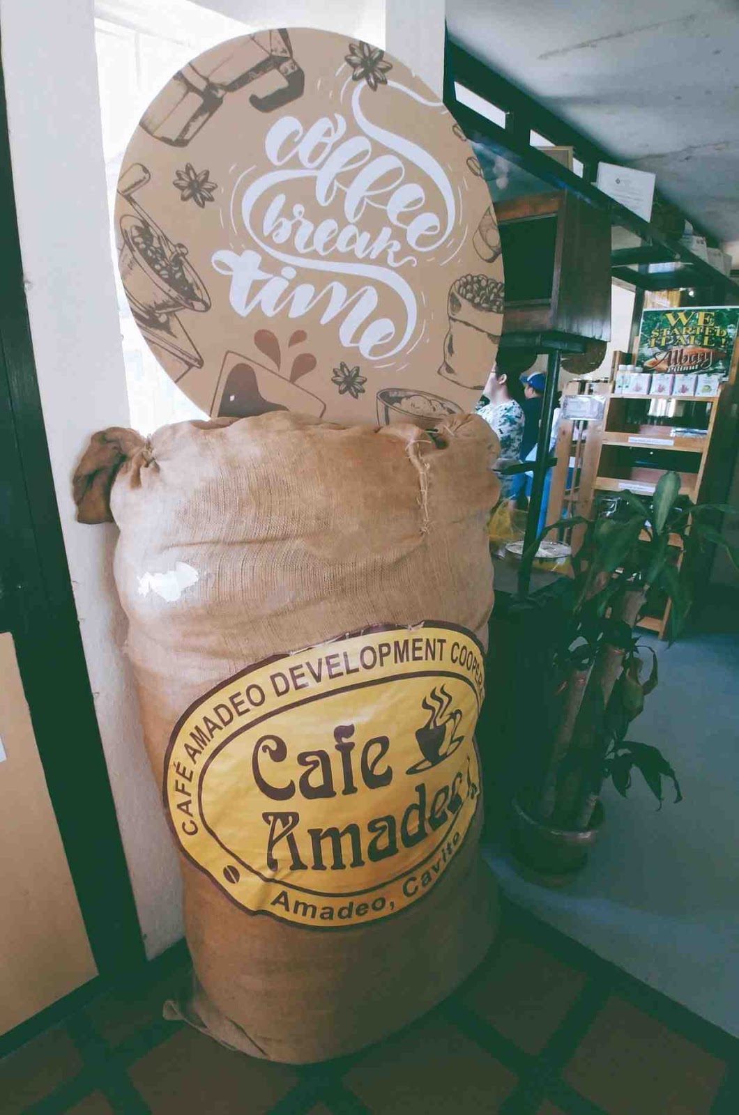 giant sack of coffee beans at Cafe Amadeo