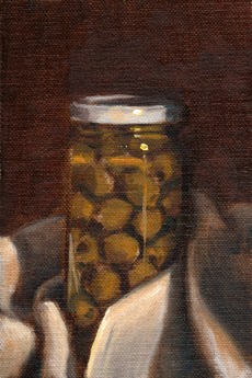 Oil painting of a jar with a white lid containing green olives, and the base wrapped in a white tea towel.