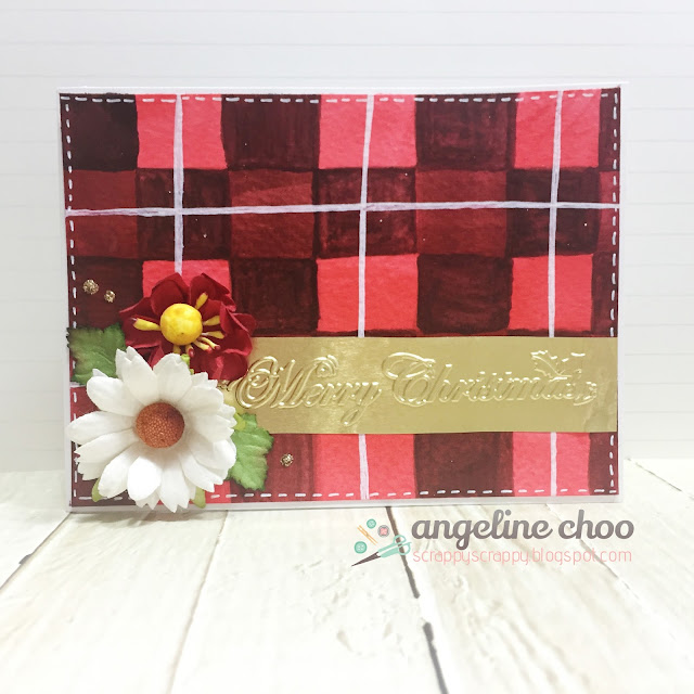ScrappyScrappy: Merry Christmas plaid card #scrappyscrappy #card #gansaitambi #watercolor #gold #emboss #stickles #flowers #plaid