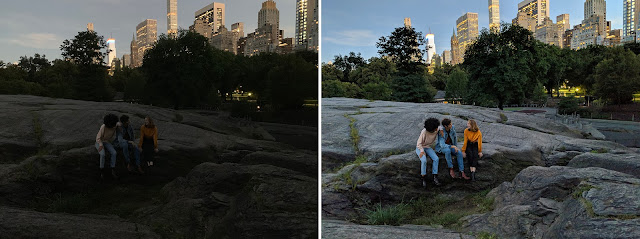 Der Vergleich von zwei Fotos bei verschiedenen Lichtverhältnissen. Auf dem Bild sitzen Menschen in einem Park.