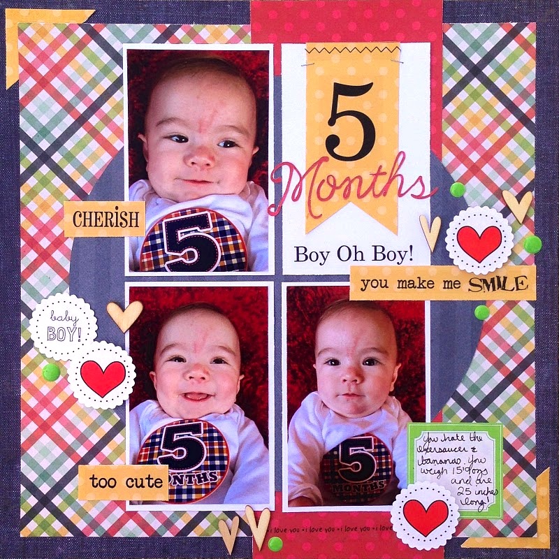 SRM Stickers Blog - 5 Months Layout by Christine - #layout #baby #boy #numbers #stickers #labels #stitches #sentiments #punched pieces