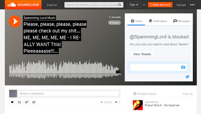 Simulation of Soundcloud page for 'Spamming Lord Much'