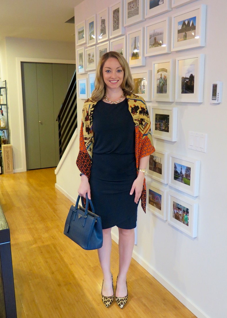 Navy Sheath Dress + Printed Scarf