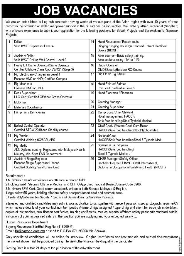 Oil Gas Vacancies Sabah Sarawak