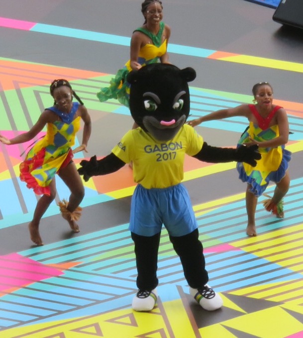 Gabon mascot & dancing girls.