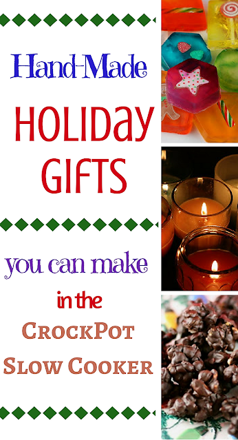 unique and fun gifts you can make in your own home kitchen using the crockpot slow cooker. Candles, glycerin soap, playdough, peanut clusters, cinnamon almonds and more!