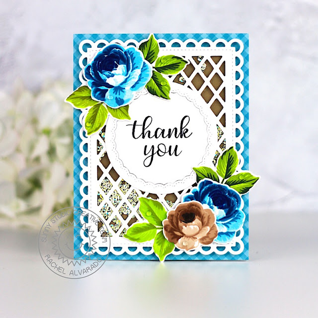 Sunny Studio Stamps: Everything's Rosy Fancy Frames Frilly Frames Thank You Card by Rachel Alvarado