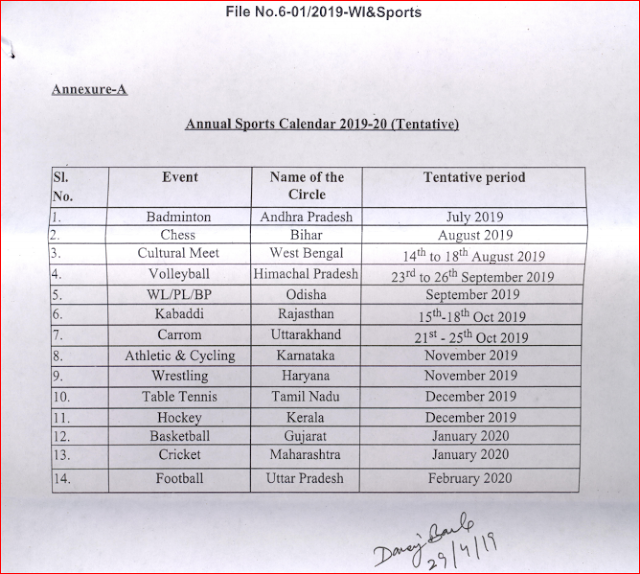 Finalization of Annual Sports Calendar for the year 201920 reg SA POST