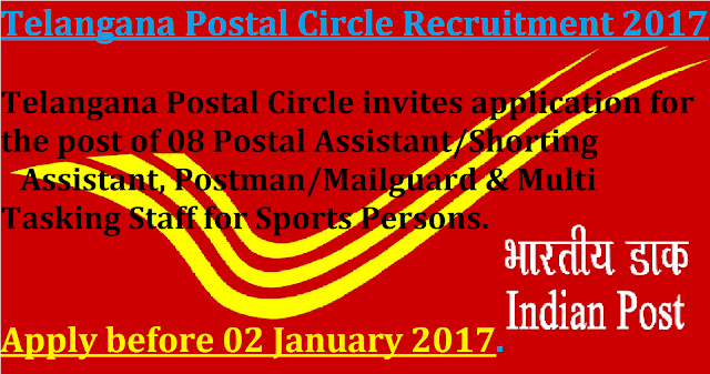 Telangana Postal Circle Recruitment 2017|Telangana Postal Circle invites application for the post of 08 Postal Assistant/Shorting Assistant, Postman/Mailguard & Multi Tasking Staff for Sports Persons. Apply before 02 January 2017./2016/12/telangana-postal-circle-recruitment-2017-under-sports-persons-apply.html