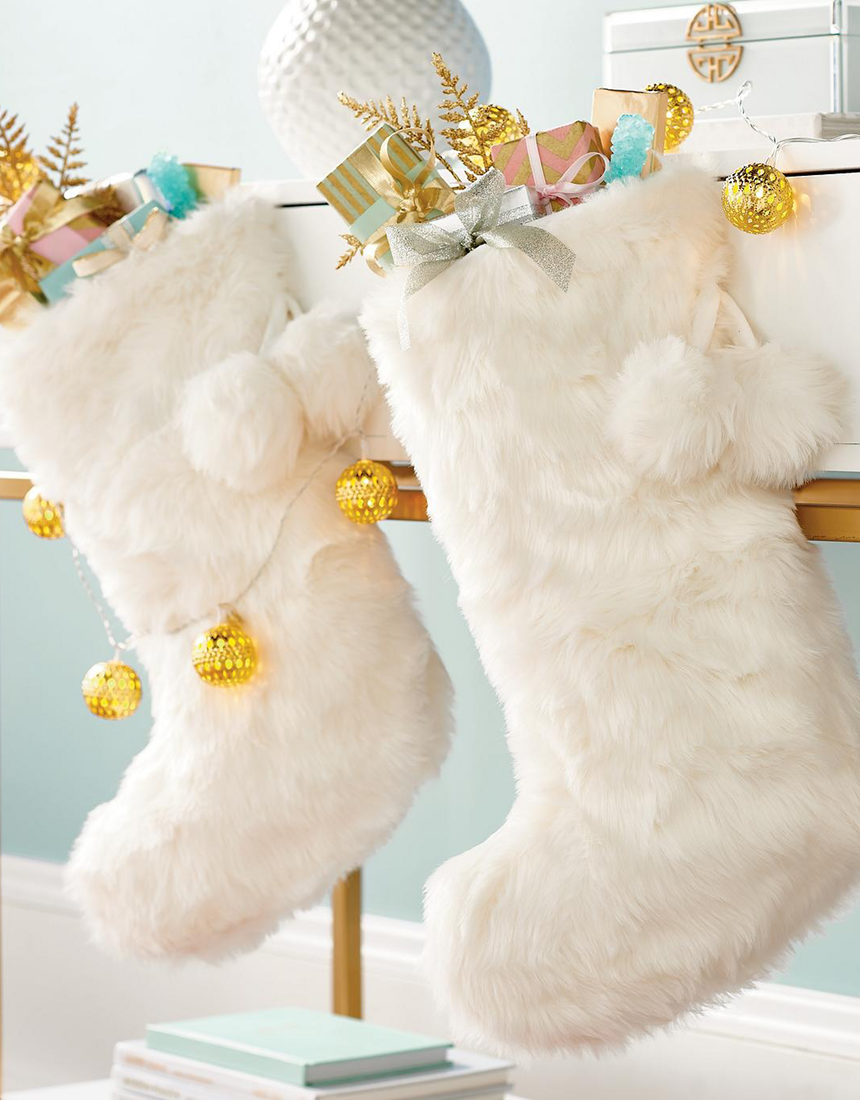 GRANDIN ROAD WHITE FAUX FUR STOCKING