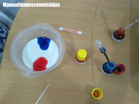 Experimento para niños con leche, colorantes alimentarios y jabon